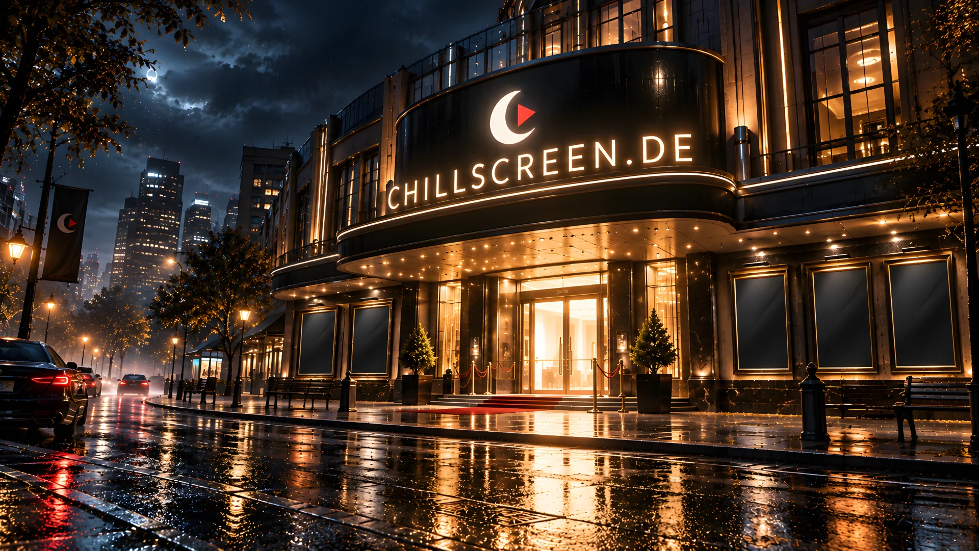 Nächtliche Außenansicht des CHILLSCREEN.DE Kinos im Regen: leuchtender Eingang, roter Teppich und fünf beleuchtete Plakatvitrinen an der Fassade.